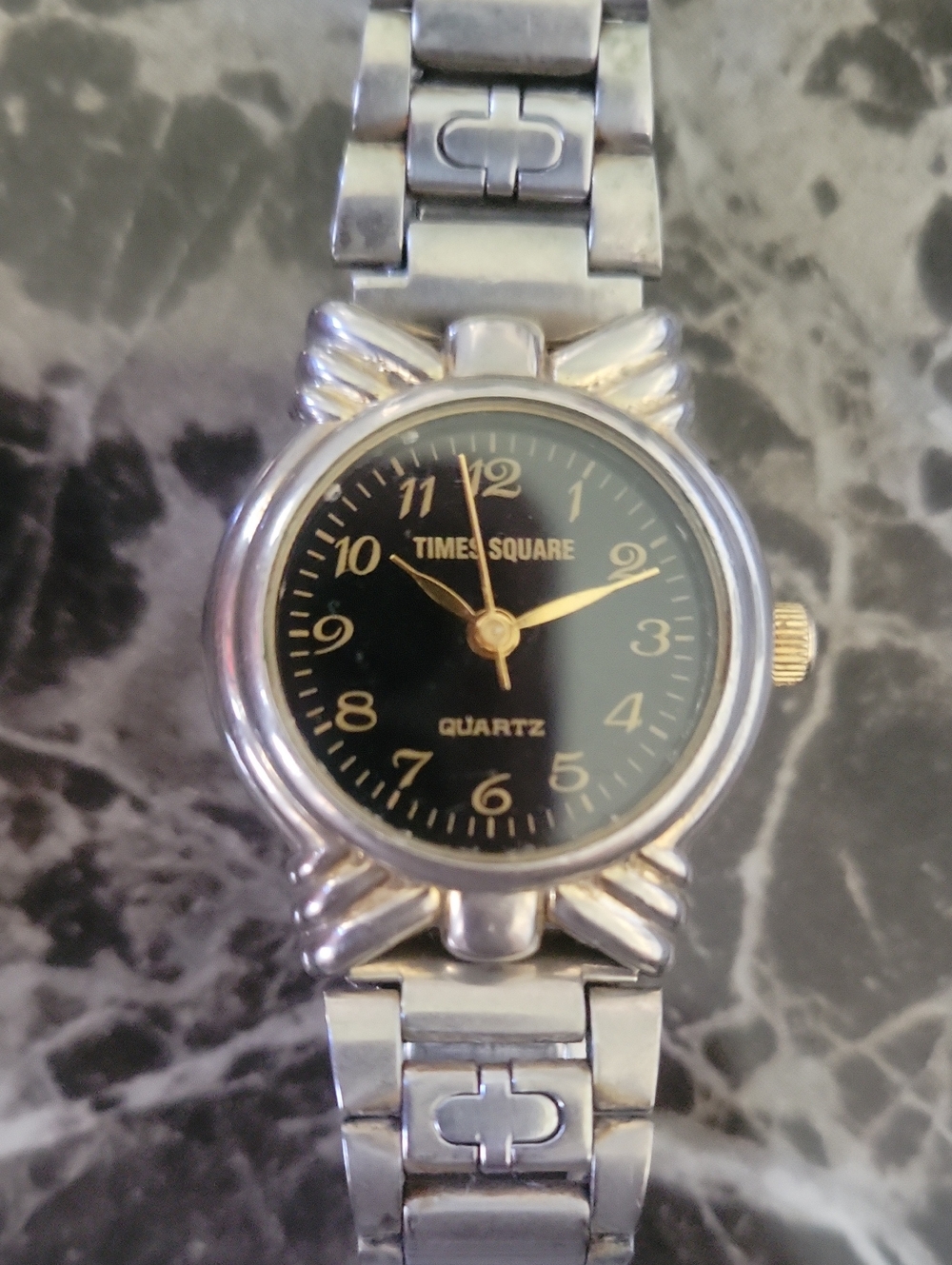 Vtg. Times Square Quartz (By Fada) Gold & Silver Tone W/ Black Face Japan Movt.